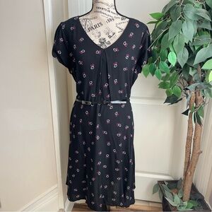 Suzy Shier Heart Print Short Sleeve Belted Dress Black Sz L